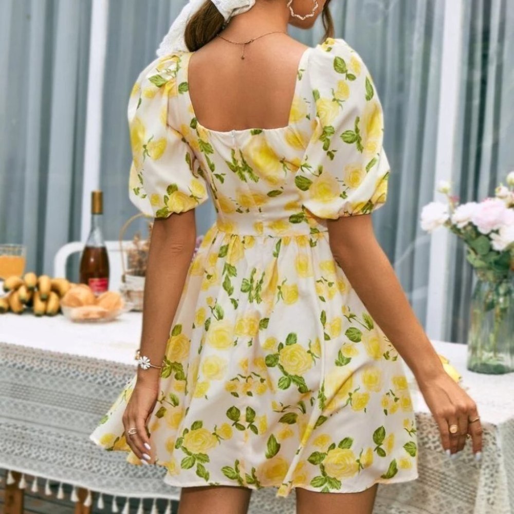 Yellow Floral Sweet Puff Sleeve Sweetheart Neck Mini Dress - Picture 5 of 5